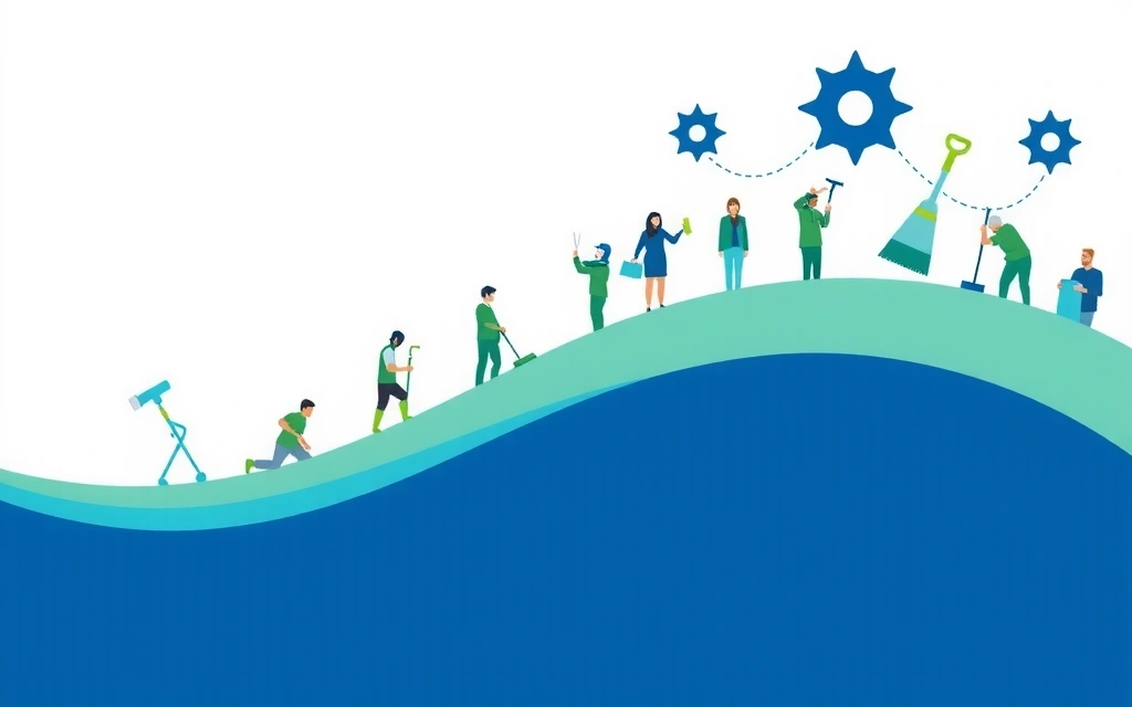 Abstract graphic showing the evolution of a cleaning company from a small startup to a successful enterprise.