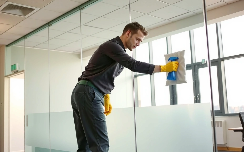 A professional cleaner meticulously cleaning a glass partition in a modern office, showcasing attention to detail. No text.