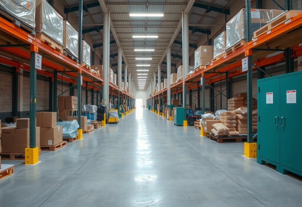 A clean and organized warehouse floor with industrial equipment, showing attention to safety and hygiene. No text.