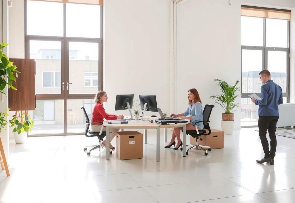 A clean, modern office with employees working in a bright, organized environment. No text.