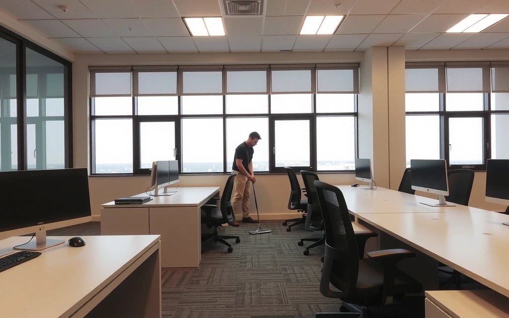 Sleek, clean image of a modern office space being professionally cleaned, no text.