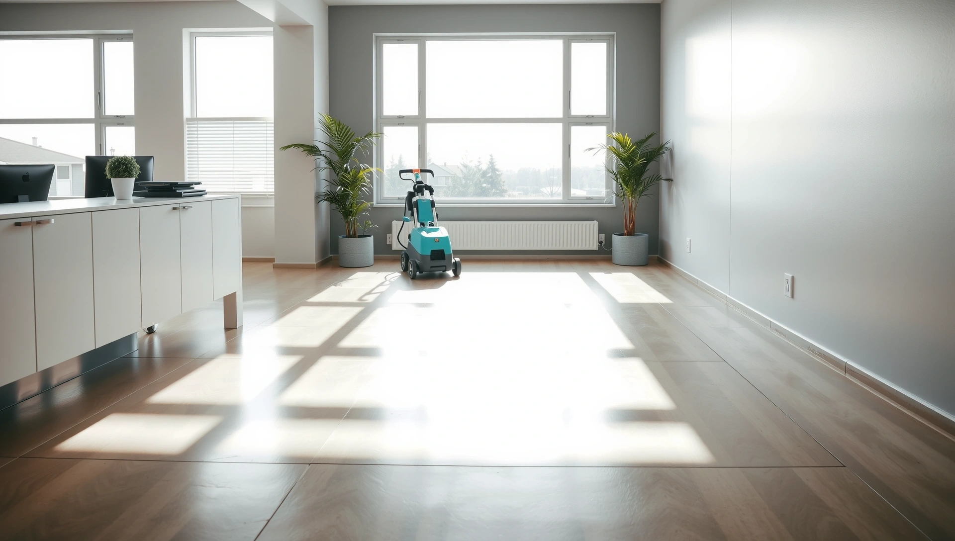 Modern, clean, bright interior of a sparkling home or office space with subtle cleaning equipment