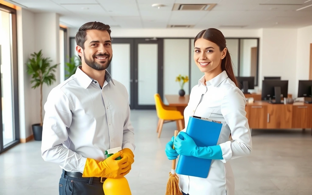 A professional cleaning team smiling in a perfectly cleaned office.