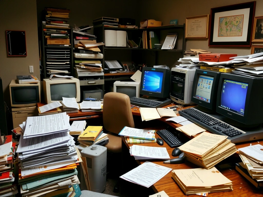Before: A cluttered and dusty office desk.