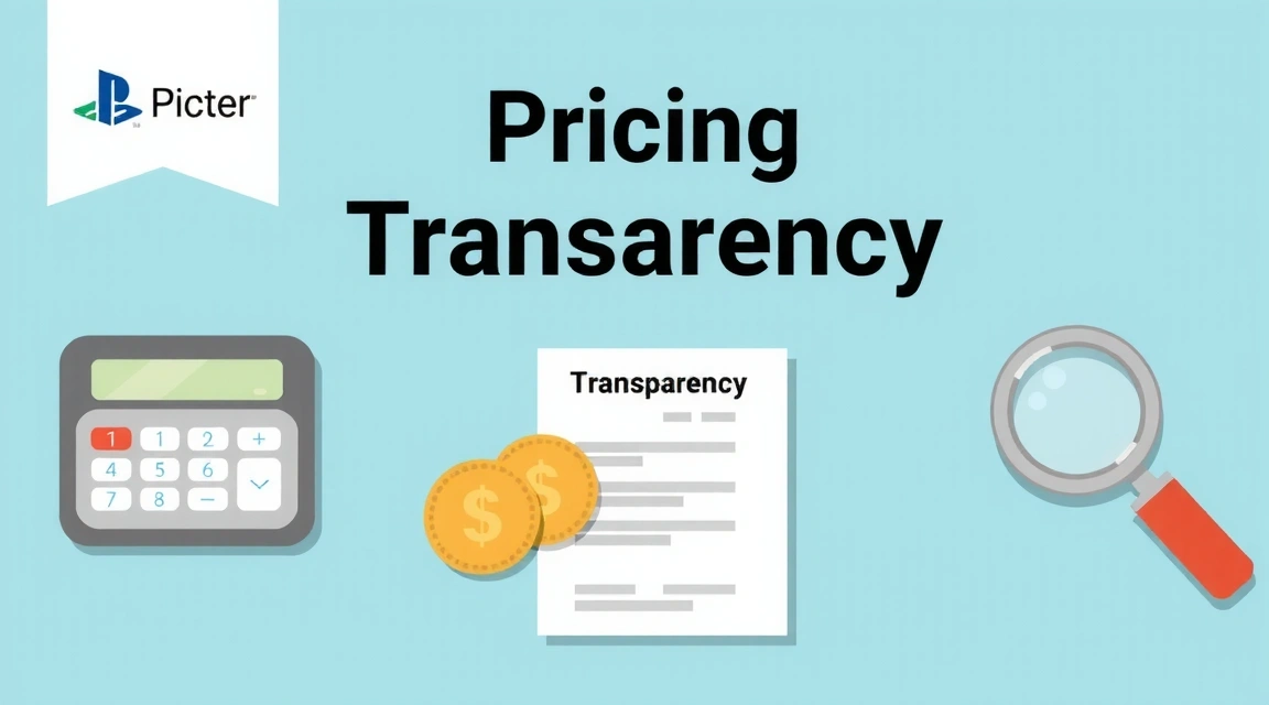 Clean, modern graphic representing pricing transparency with a calculator icon and money symbols
