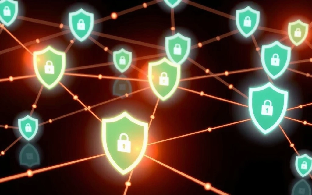 Abstract network of interconnected nodes representing data sharing with security protocols