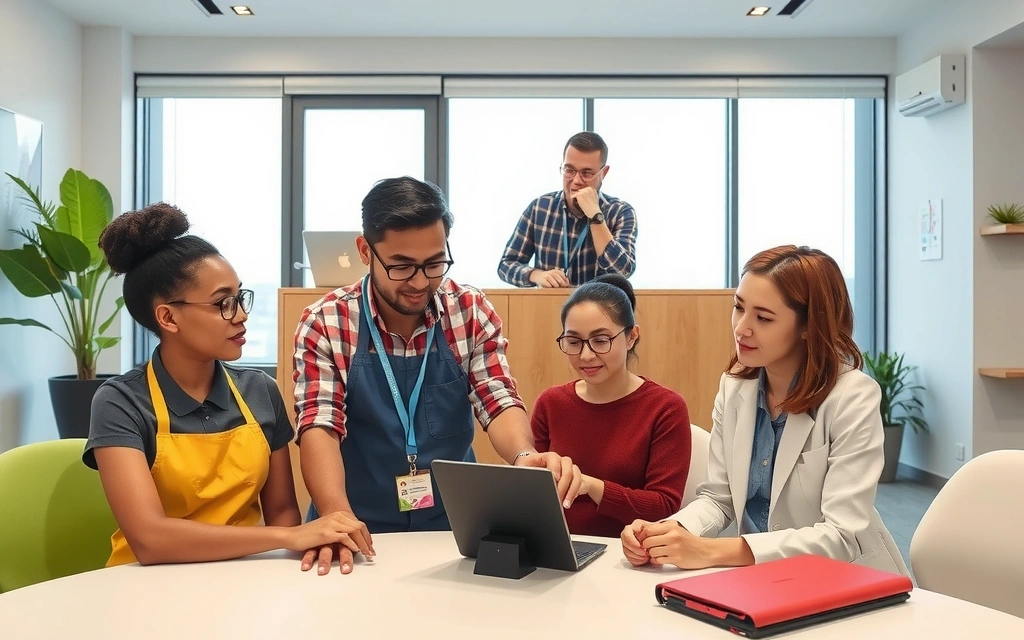 Team members discussing data privacy, showing collaboration and security measures