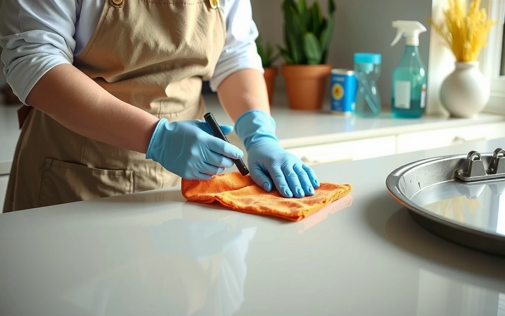 A professional cleaner meticulously sanitizing a kitchen countertop with eco-friendly products.