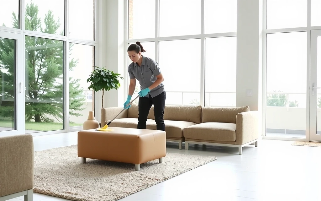Bright, clean image of a modern living room being professionally cleaned.