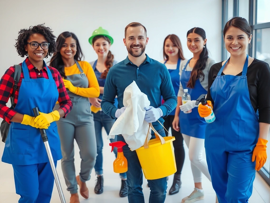 Professional cleaning team with modern equipment