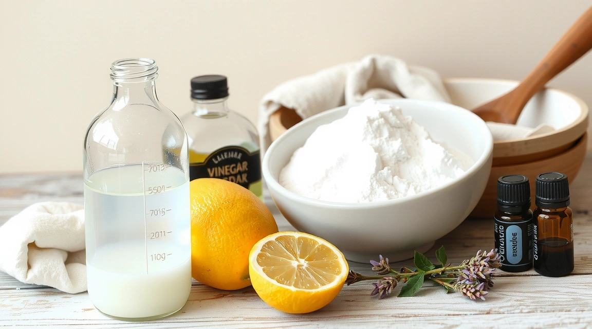 A collection of natural cleaning ingredients: white vinegar, baking soda, lemon, and essential oils on a rustic wooden surface.