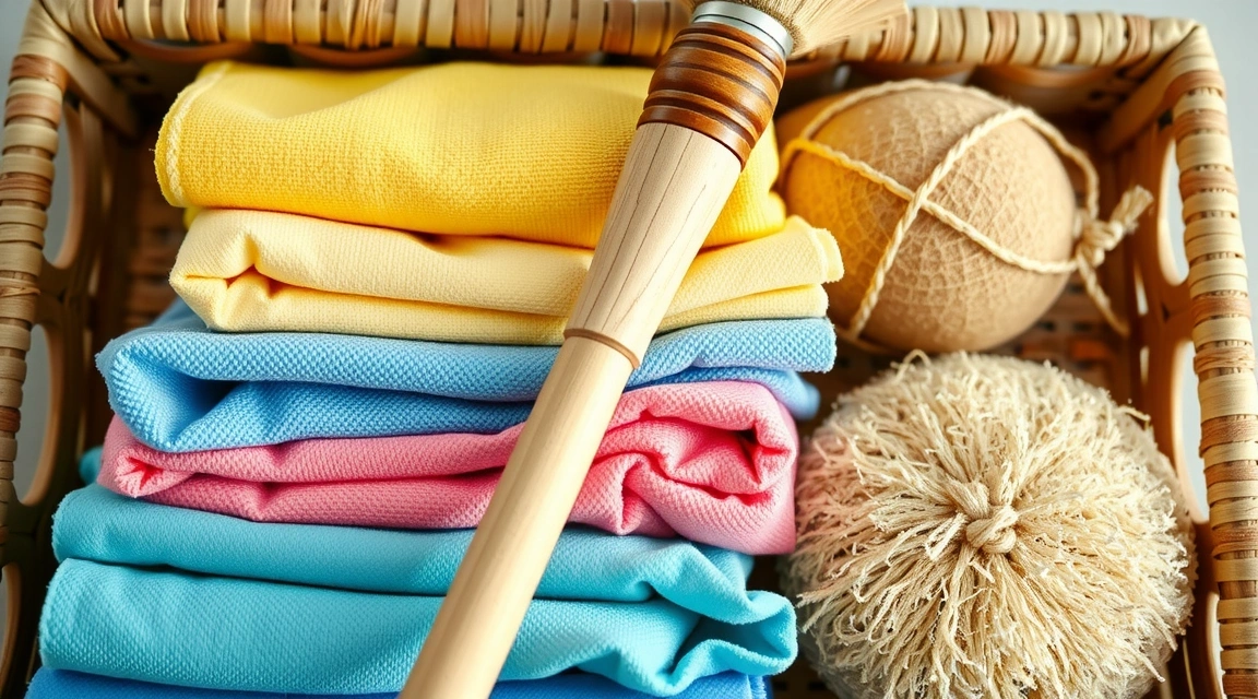 Reusable microfiber cleaning cloths and scrubbing brushes neatly organized in a sustainable basket.