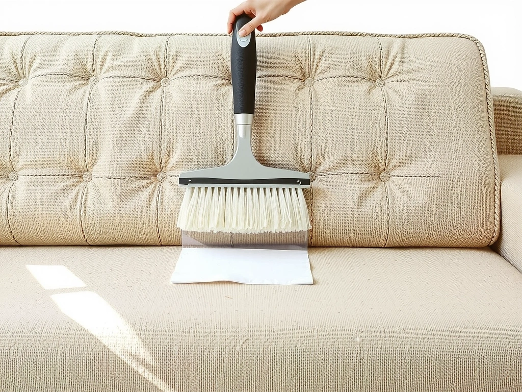 Clean, plush sofa being professionally cleaned, with a focus on the fabric texture and the cleaning tool.