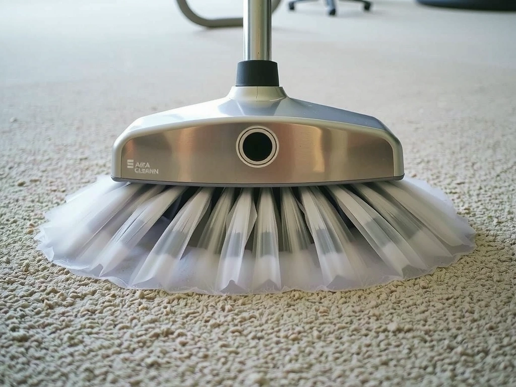 Close-up of specialized carpet cleaning equipment in action, with steam and suds visible.