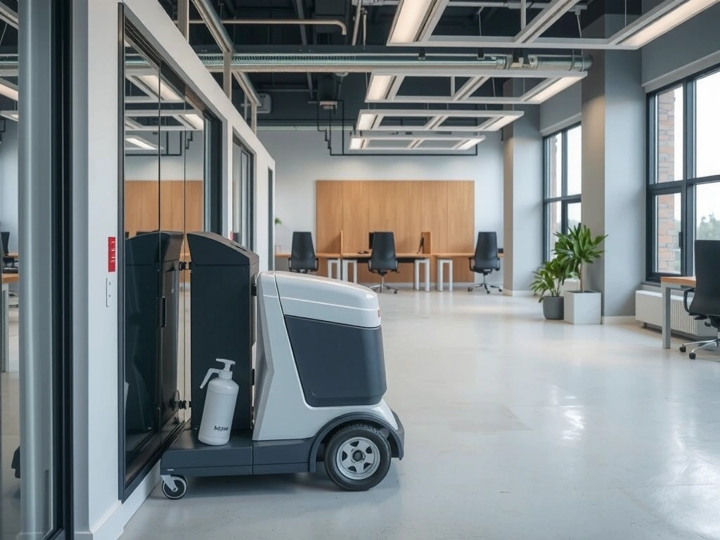 Fogging machine dispersing disinfectant in a clean, modern office space.