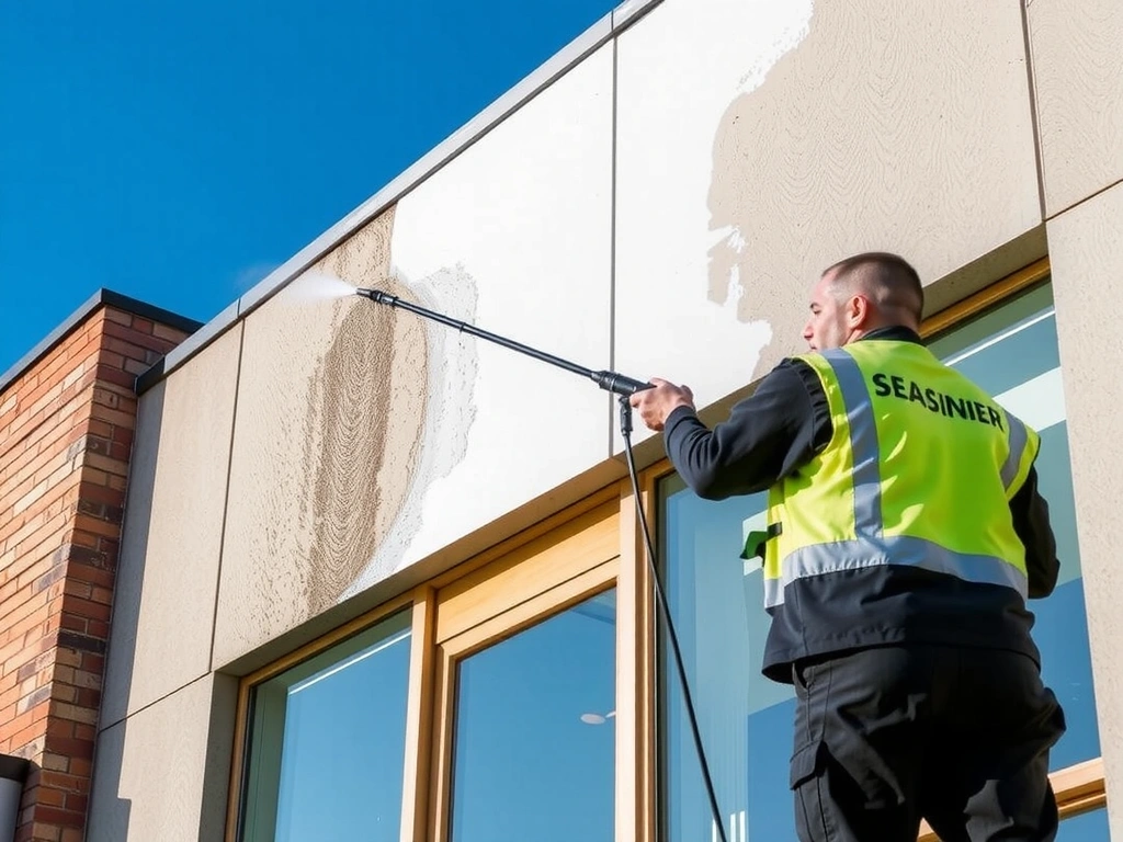 Professional cleaning technician using high-pressure washer to clean a building facade, showing clear distinction between dirty and clean areas.