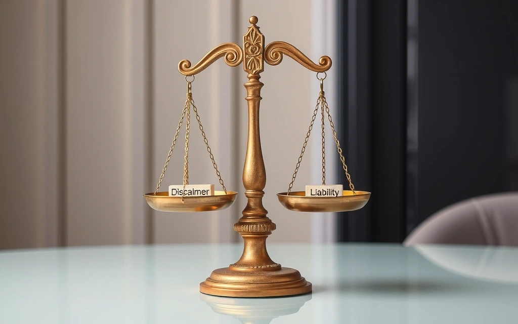 A balanced scale with 'Disclaimer' on one side and 'Liability' on the other, symbolizing legal balance